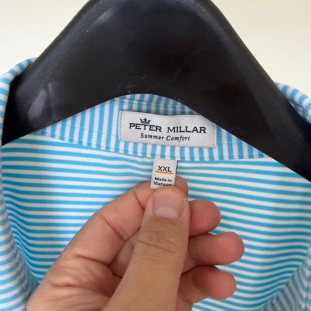 Peter Millar Summer Comfort XXL Blue‎ White Striped Golf Polo Shirt M Logo